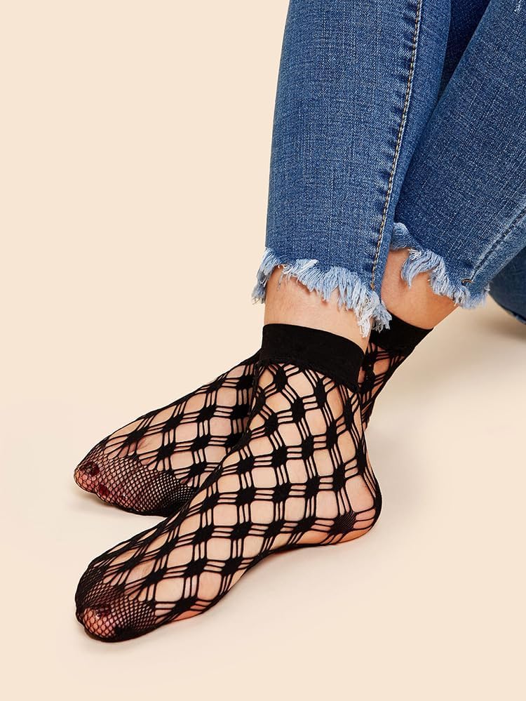 MarJunSep Lace Ankle Socks for Women Cute Elegent Sheer Mesh Fishnet Thin Nylon Crew Socks Sexy Fashion - Image 1